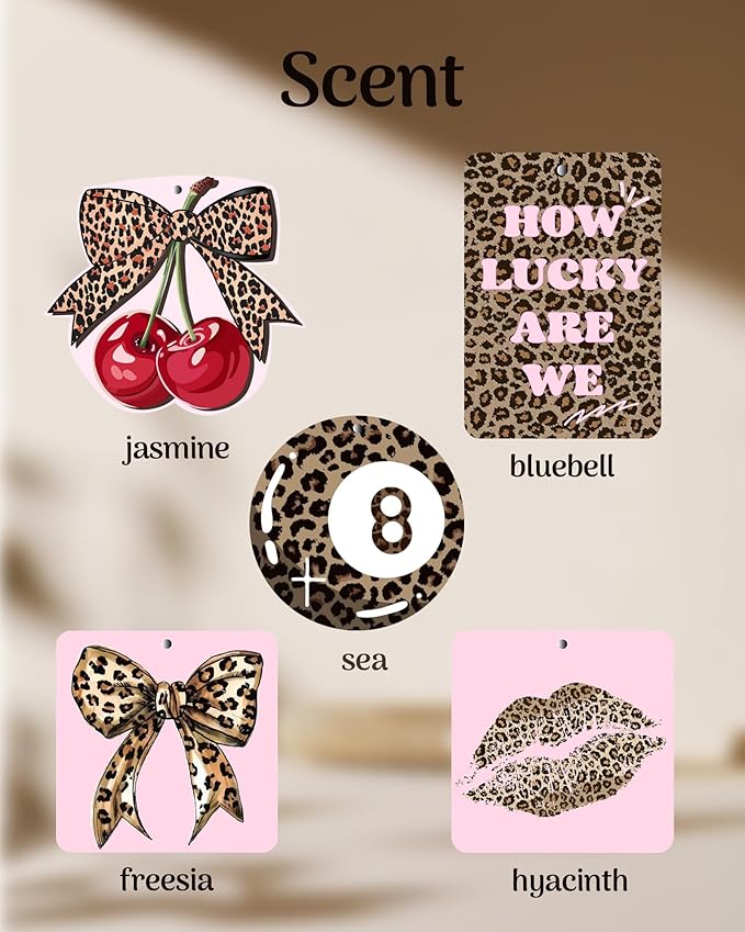 Cheetah Print 5pcs Car Air Freshener Bow Coquette Leopard Print Car Accessories Automotive Interior Hanging Scents Mirror Decor for Women Teen Girls