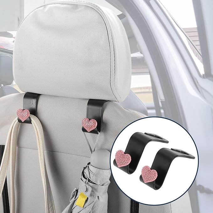 Car Seat Headrest Hook Interior Accessories for Most Car, SUV, Truck Car Seat Back Organizer Hooks Plastic Rhinestone Sturdy Pink 2.4"x1.26"