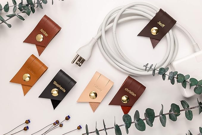 KEYAIIRA - Set of 3 Personalized Leather Cable Cord Holders Gold Snap Closure - laptop charging cord keeper, earbud wire organizer customized monogram gift tech, stocking stuffer, travel accessories