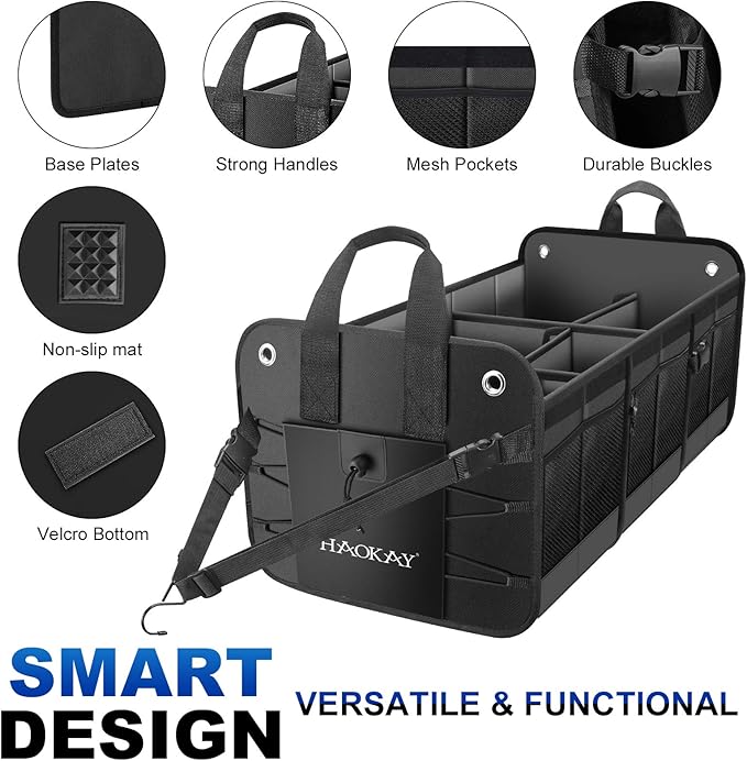 HAOKAY Collapsible Trunk Organizer with Insulated Leakproof Cooler Bag,Removable Lid,Adjustable Securing Straps,3 Compartments 5 in 1 Trunk Organizer for SUV,Truck,Sedan Jeep （95L