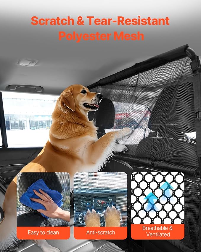VEVOR Dog Car Barrier, 56" Wide Car Divider for Front Seats Installation, Vehicle Pet Barrier with See Through Net Mesh, Universal-Fit Dog Car Barrier for Full-Size Sedans, Trucks, and SUVs, Black