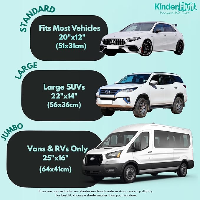 Car Window Shades - Certified 99.79% UVA & 99.95% UVB sun protection. Award winning car sun shade for side windows. 4 Pack (2 Transparency options) 25" x 16" -window shade for car baby by Kinder Fluff