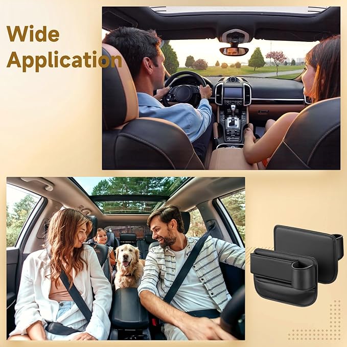 2 Pcs Car Seat Gap Filler Organizer, Leather Storage Box with Cup Holder, Cable Hole, Black
