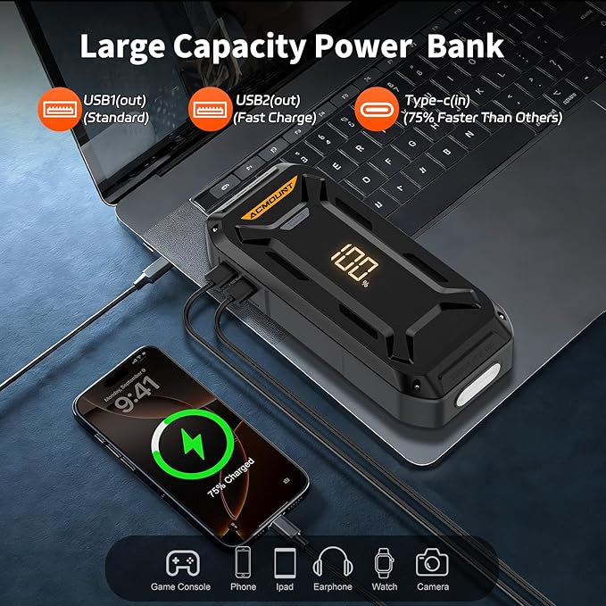 Acmount P120 Car Battery Jump Starter Portable, 7000A 12V Car Jumper Starter with Jump Box (All Gas/10.0L Diesel), LCD Display, USB Quick Charge & LED Light, Ultimate Durable Battery Jump Pack