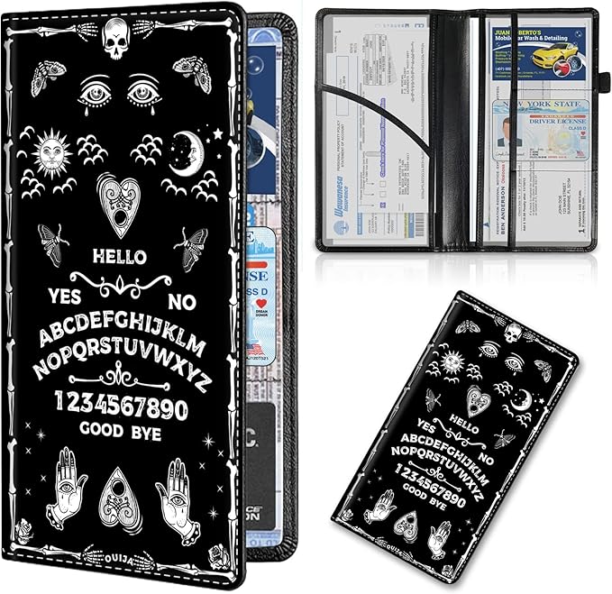 Car Registration and Insurance Card Holder, Premium Leather Vehicle Wallet Cover for Glove Box Car Organizer Drivers License/Cards/ID - Essentials Document Holder, Spirit Ouija Board