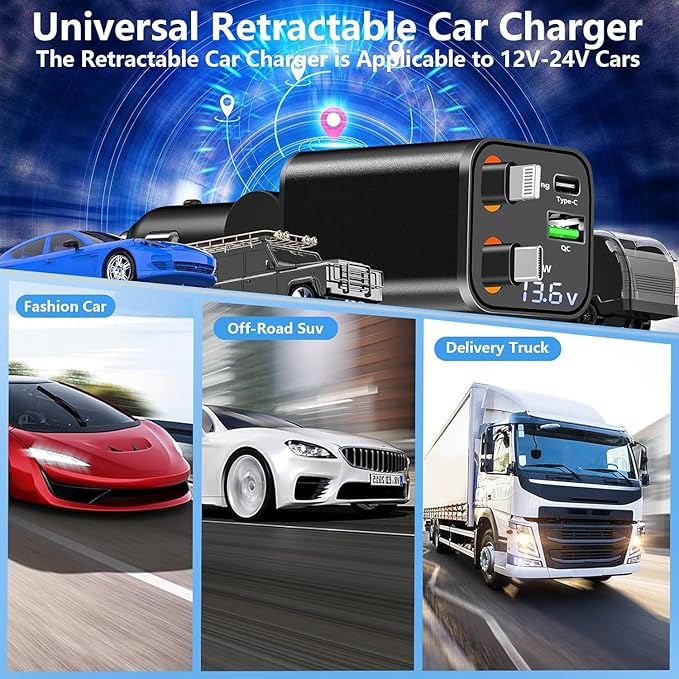 Retractable Car Charger, 120W 4-in-1 USB-C & Lightning Fast Charge Car Phone Charger, Dual Retractable Cable for iPhone 17/16/15/14/13/12 Samsung Travel Essentials Gifts for Women Men