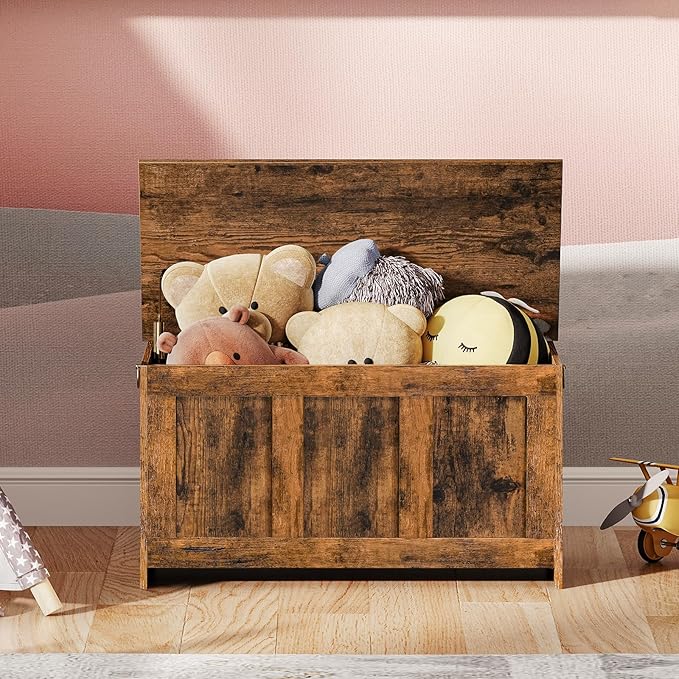 HOOBRO Storage Bench, 29.5" Retro Wooden Storage Chest, Wooden Storage Trunk, Toy Chest with Lift Top, Multifunctional Entryway Organizer, for Entryway, Living Room, Rustic Brown FG751CW01