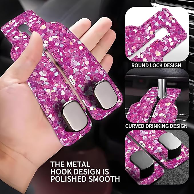Car Seat Back Storage Headrest Hook, Premium Leather Double Metal Hook, Hanger Storage Organizer for Purse Cloth Bag, Car Interior Accessories Glitter Pink Pattern