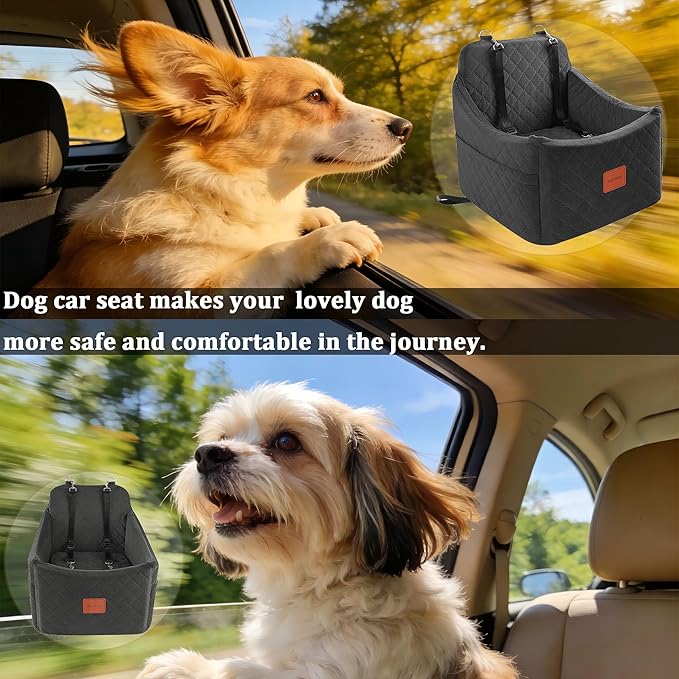 Small Dog Car Seat, Memory Foam Dog Booster Car Seats with Thick Cushion for Medium Dogs Under 35lbs, Detachable Washable Pet Seat with Storage Pockets,2 Safety Belts (Black, Medium)