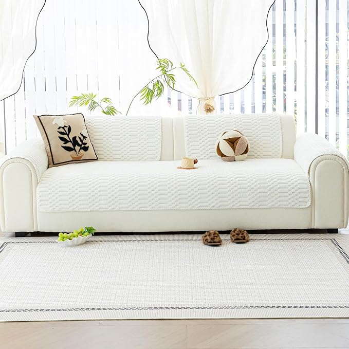 Plush Warm Sofa Covers Washable, Funny Fuzzy Couch Cover for Dogs Washable, Non-slip Couch Covers for Sectional Sofas, Soft Sofa Slipcover for Pet & Kid(1PC, Beige White, 36"×83", Single Seater)
