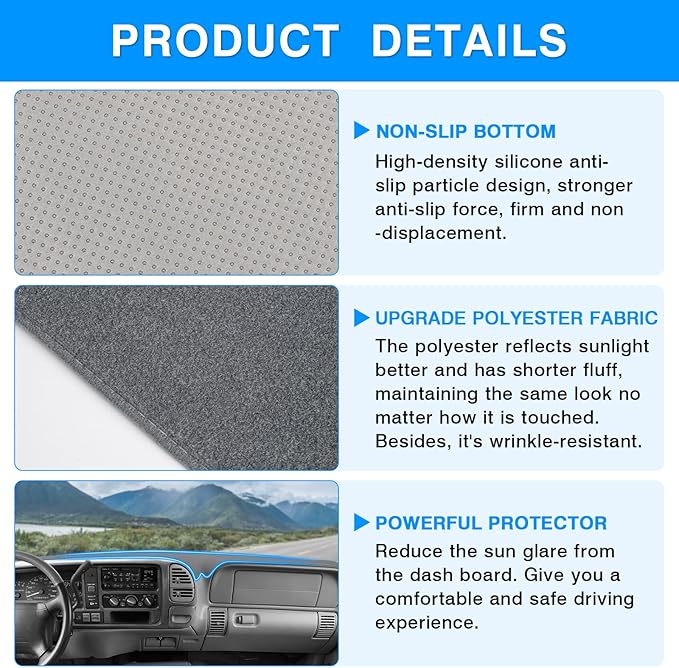 Autorder Gray Dashboard Cover Mat for 1997-2000 Chevy Chevrolet Silverado/GMC Sierra C1500/2500/3500 K1500/2500/3500, 1997-1999 GMC Yukon/Chevy Tahoe Accessories Dash Cover Polyester Dash Mat