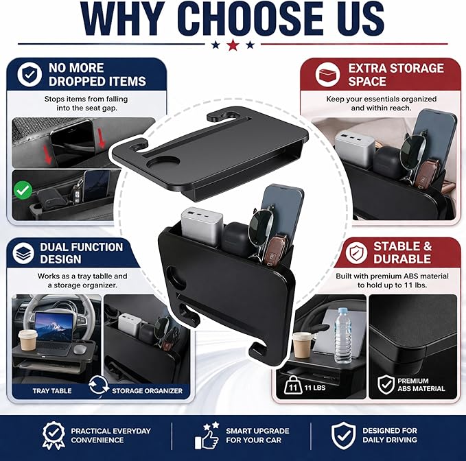 Car Seat Gap Organizer with Steering Wheel Tray, 2-in-1 Anti-Drop Storage Filler for Sedans, Prevent Items Falling Between Seats, Compact Car Organizer with Temporary Desk for Food and Work