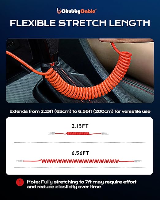 chubbycable Curly Chubby 240W Coiled USB C Fast Charging Cable Durable Braided Charger Cord for Car Compatible with iPhone 17-15 Series iPad, Orange, Type-C to Type-C, 2.13FT-6.56FT