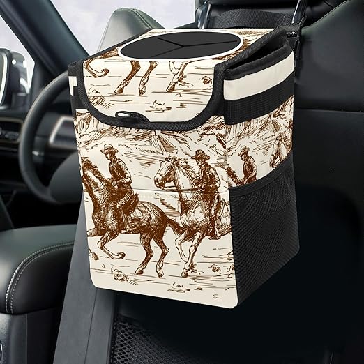 Wild Western Cowboy Car Trash Can with Lid Collapsible Reusable Waterproof Car Garage Bag,Automotive Garbage Can,Car Accessories Interior Car Organizer