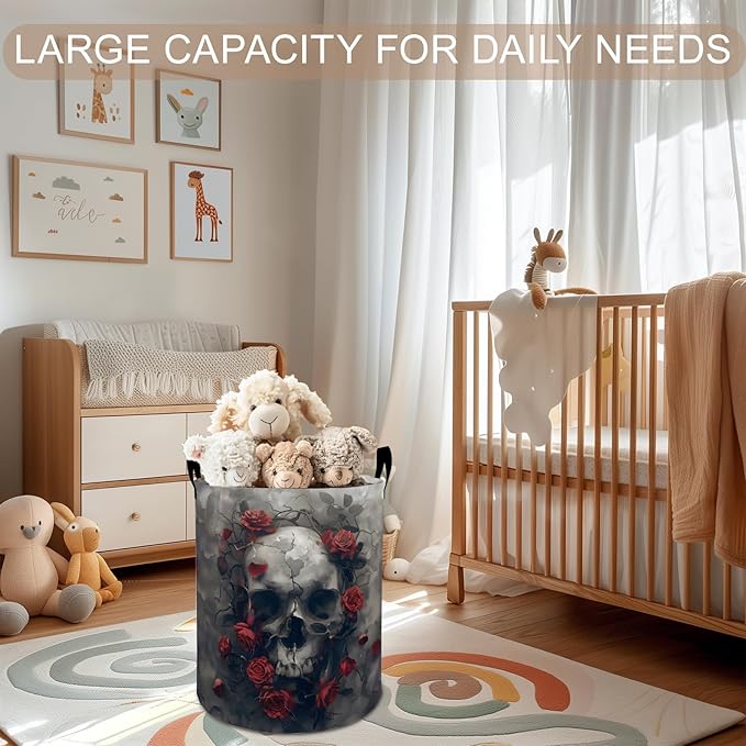 Skull Rose Laundry Basket Hamper 19.7"x15.8", Gothic Foldable Waterproof Oxford Clothes Storage Bucket for Room Bathroom Bedroom Nursery Decor, Toy Organizer Bins Gifts for Kids Boys Girls