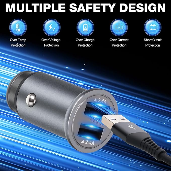 10 Pack Dual USB Car Charger and Type C Cable Set 24w Fast Charging, Aluminum Alloy Adapter with Nylon Braid Cables Compatible with USB Powered Devices