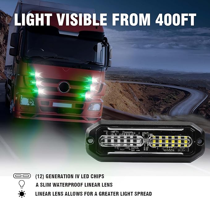 WINECO 8PCS LED Strobe Lights 12V Sync Feature Green White 12LED Emergency Hazard Warning Lights with Strobe Controller for Trucks Vehicles ATV RV Cars Van