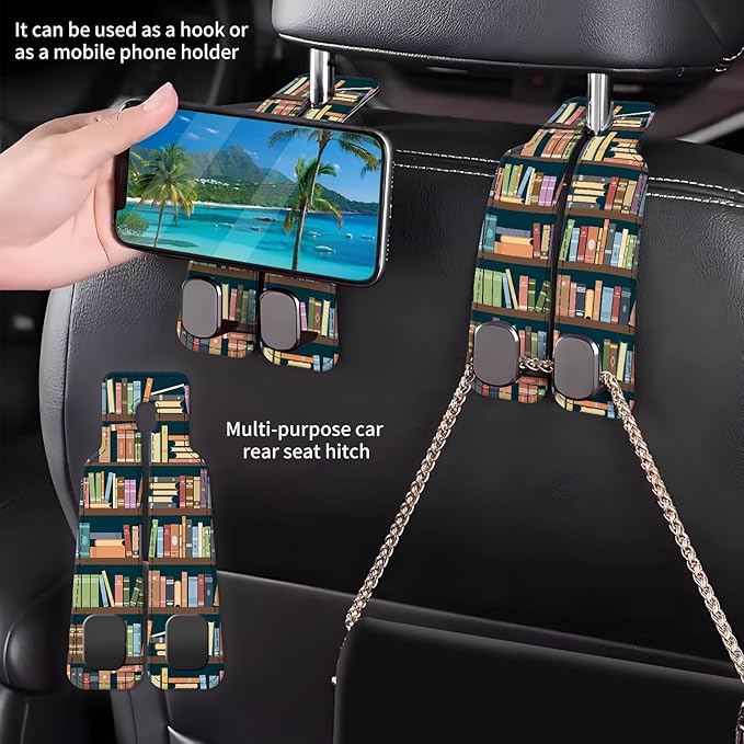 Car Seat Back Storage Headrest Hook, Premium Leather Double Metal Hook, Hanger Storage Organizer for Purse Cloth Bag, Car Interior Accessories Cute Book Shelf