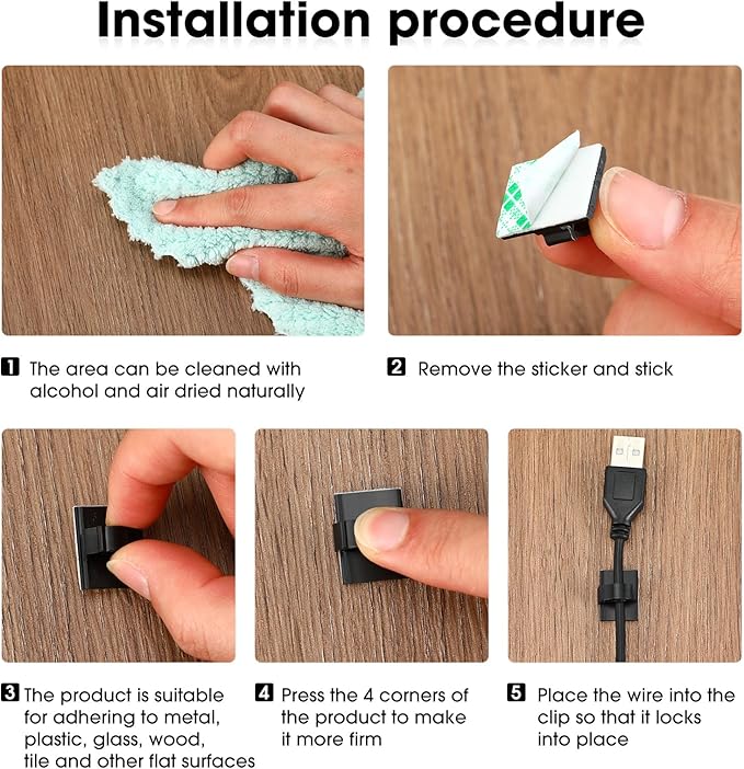 EBOOT 1000 Pieces Adhesive Cable Wire Clips Strong Cord Clips Wire Holders Cable Cord Management Straps Clamps Tie Holder for The Wall, Under Desk, Car, Office and Home
