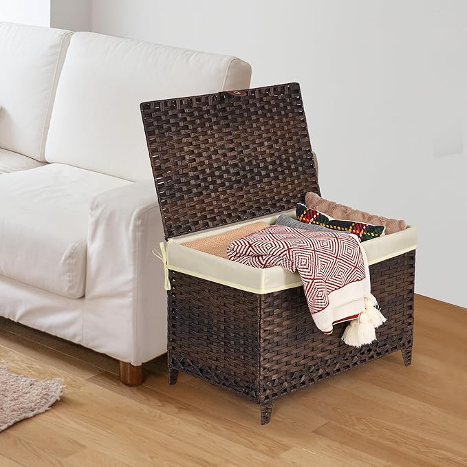 Honjourai Wicker Storage Basket with Lid,Rattan Shelf Basket with Removable Liner Bag,160L Storage Bin,Storage Trunk with Heightened Feet,Storage Container for Wardrobe,Home Organizer