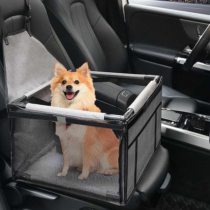 GENORTH Small Dog Car Seat - Portable Puppy/Pet Booster Seat with Clip-On Leash and Mesh Window for Small Pets Up to 11 lbs