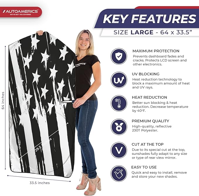Autoamerics 1-Piece Windshield Sun Shade B&W Art American Flag USA Design - Foldable Car Front Window Sunshade for Most Sedans SUV Truck - Blocks Max UV Rays and Keeps Your Vehicle Cool - Large