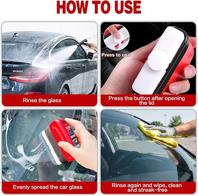 Oil Film Cleaning Brush for Car Windows, 2026 Upgraded Clear Vision Windshield Cleaner with Anti-Rain Coating, Improving Clarity & Safer Driving, Kit with Supplements & Towel, 2 pcs(Red)