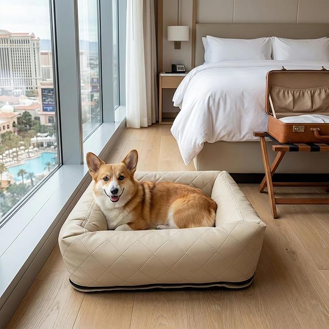 Microfiber Leather Dog Car Seat for Small & Medium Dogs, Waterproof Pet Car Seat with Washable Pee Pad, Scratch & Fur Resistant, Foldable Dog Bed for Home & Travel, Non-Slip Design, Matte Beige