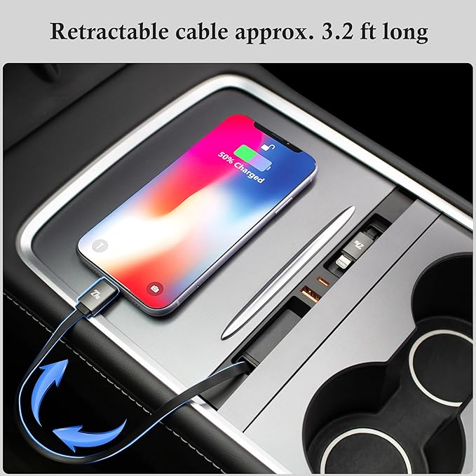 Car USB Hub Charger for Tesla Center Console with Fast Charging Retractable Cables Phone Charger Docking Station Accessories (Model Y 21-24 & Model 3 21-23)