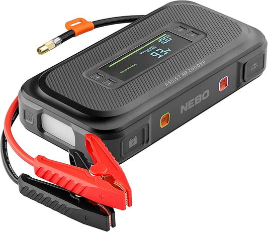 NEBO Assist Air 2000XP Jump Starter and Air Compressor | 55.5Wh Power Supply Box Restarts 12V Battery Vehicles, 150 PSI Air Compressor Inflates Tires, Integrated Floodlight, USB Ports, TSA Approved