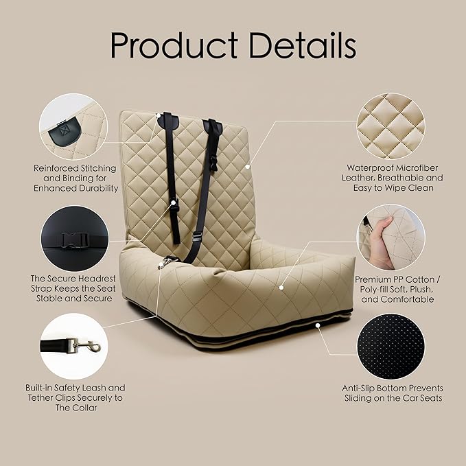 Microfiber Leather Dog Car Seat for Small & Medium Dogs, Waterproof Pet Car Seat with Washable Pee Pad, Scratch & Fur Resistant, Foldable Dog Bed for Home & Travel, Non-Slip Design, Matte Beige