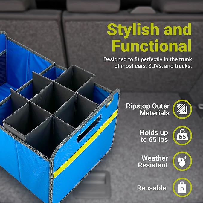 meori Collapsible Trunk Organizer for Car with Bottle Insert for Groceries Road Trips 2 Compartments Heavy Duty Mesh Pocket Ripstop