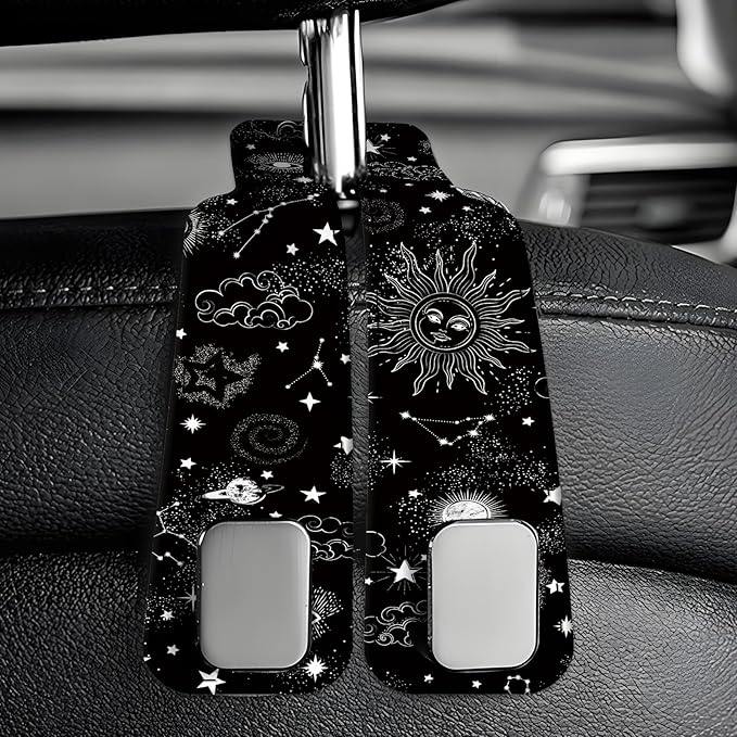 Car Seat Back Storage Headrest Hook, Premium Leather Double Metal Hook, Hanger Storage Organizer for Purse Cloth Bag, Car Interior Accessories Black White Sun Moon