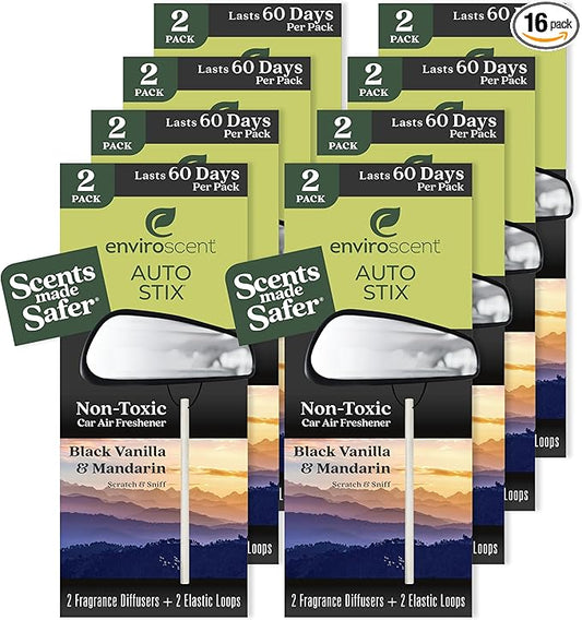 Enviroscent Non-Toxic* Car Air Freshener Auto Stix® - Scents Made Safer - Enjoy Fragrance Lasts Up to 480 Days - Includes Auto Stix® Diffusers & Elastic Loops - Black Vanilla & Mandarin (Pack of 8)