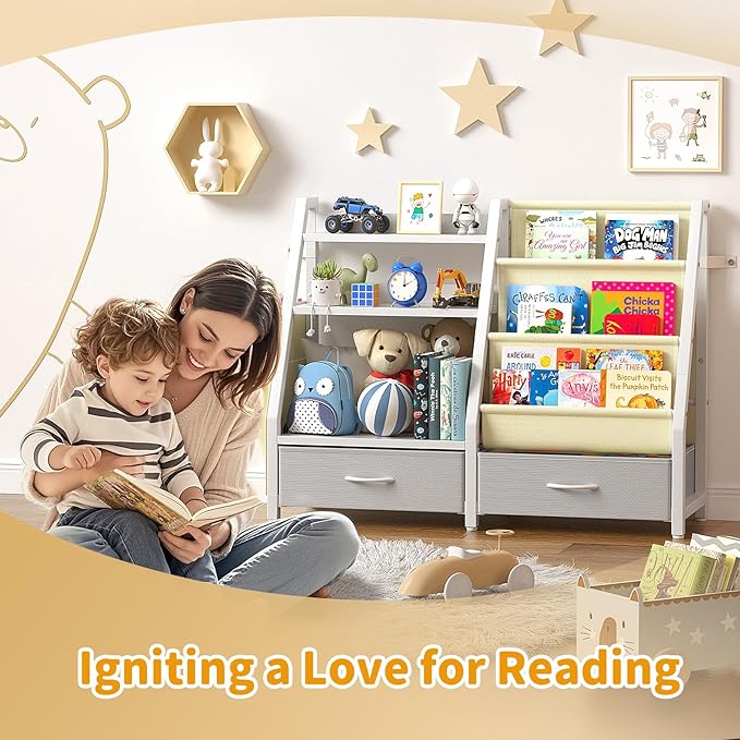 Kids Bookshelf and Toy Organizer, Sturdy 3 Tier Kid Bookcase, Sling Bookshelf and 2 Toy Bins, Toddler Montessori Book Shelf with Toy Storage Organizer for Children Room, Playroom, Nursery