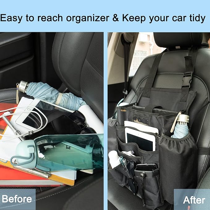 Car Front & Back Seat Organizer with Dedicated Tablet/Laptop Compartment, Passenger Seat File Storage with Cup Holder, Adjustable Backrest, and Padded Shoulder Strap