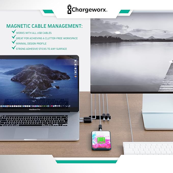 CHARGEWORX Pack of 5 Magnetic Cable Clips, Adhesive Cord Organizer for Desk, Nightstand, Wall or Car, Wire Holder for USB-C, Lightning and Micro-USB Cables, Black