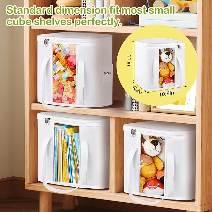 2PCS Toy Cube Storage Bin: Kids Building Blocks Organizer Bag with Zipper Lid & Handles, Clear Foldable Car Toy Container Box for Cubby Shelves, White Small Basket for Living Room, Closet, Playroom