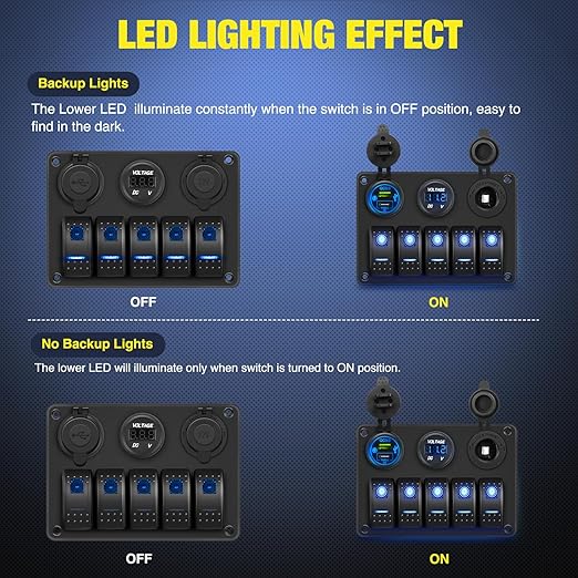 Nilight 5 Gang Rocker Switch Panel Pre-Wired Aluminum with PD Type C and USB Cigarette Lighter Socket Voltmeter 12V 24V ON Off Toggle Switches for Car Trucks Boats RVs