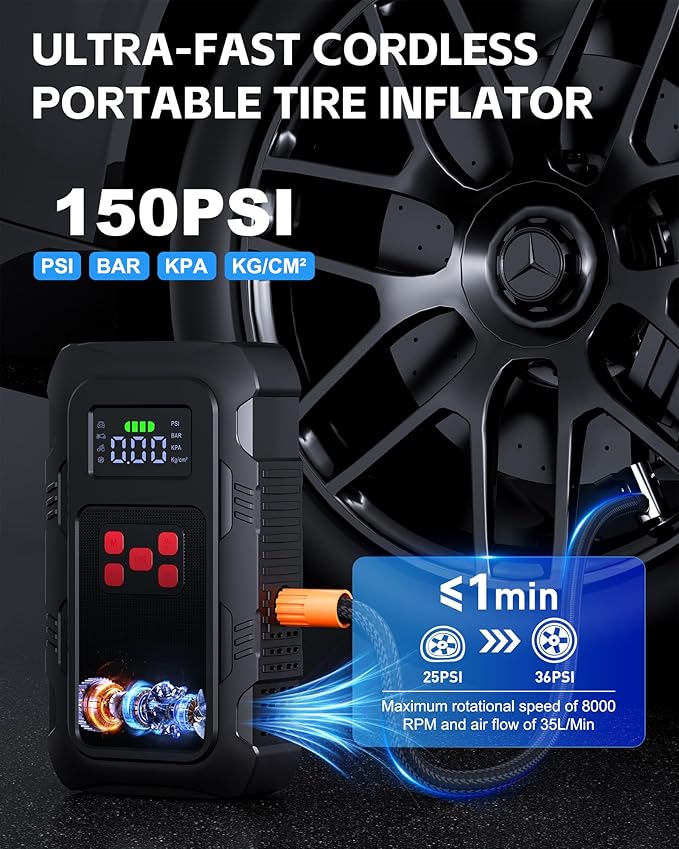 5000A Jump Starter with Air Compressor, Portable Car Battery Jump Starter with 150 PSI Tire Inflator for Up to 10.0L Gas and 8.0L Diesel Engines, 12V Jump Box with LCD Display