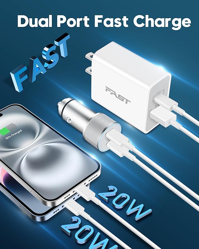 iPhone 17/17 Pro Max/17e Car Charger Fast Charging, 40W USB C Car Charger Cigarette Lighter + 20W USB C Charger Block + 2x6FT Cable for iPhone 17e/17/17 Pro/Air/16e/16/15 Pro Max/Plus, iPad, AirPods