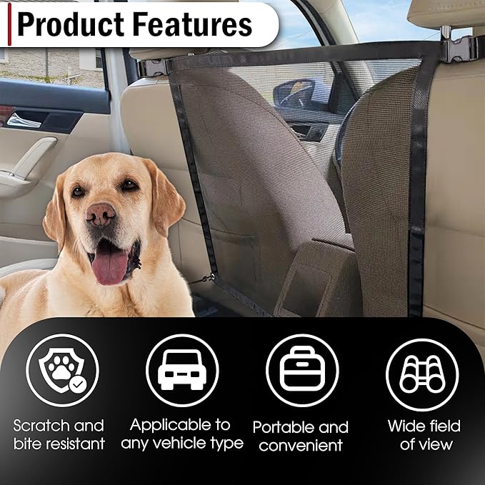 Universal Dog Car Net Barrier – Sturdy Mesh, Easy Install, Breathable Design, Easy to Clean, Flexible Bungee Cords for Adjustable Fit 23"×23" (Black)