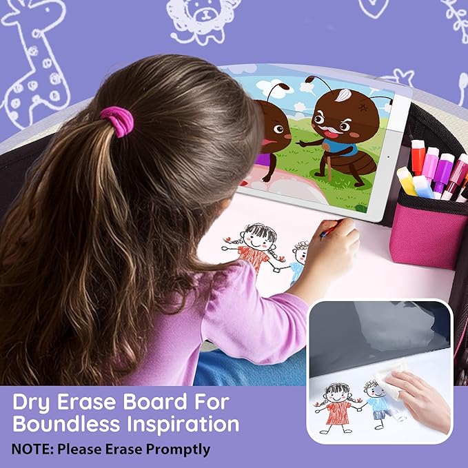3Pcs ‎Kids Travel Tray, Kids Travel Trays for Car Seat, Road Trip Essentials for Toddler, Carseat Lap Tray with Dry Erase Board & Storage Organizer for Road Trip Activities for Kid, 2Black+1Pink