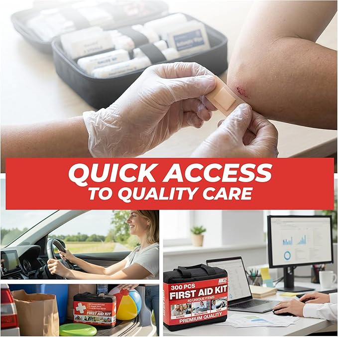 M2 BASICS Premium 300 Piece Professional First Aid Kit, 40 Unique Items, Durable Carry Bag for Home, Car, Business, Travel & Vehicle