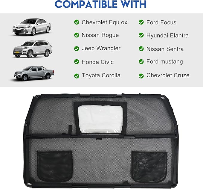 52" Dog Car Barrier for SUV, Wide Escape-Proof & Chew-Proof Dog Car Divider with Removable Visual Window & 2 Storage Pockets, Pet Net Gate for Behind Front Seats, Fits Sedans Cars Trucks