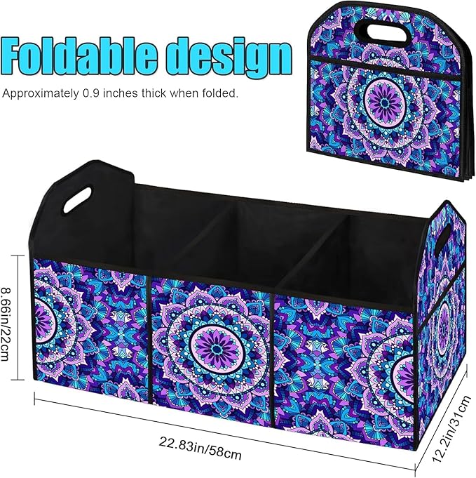 Purple Mandala Flower Car Trunk Storage Box with Pockets Car Accessory for SUVs Cars Automotive Organizer