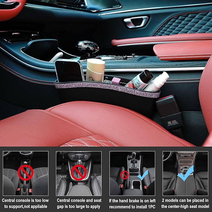 eing 2 in 1 Car Seat Gap Organizer, Front Car Seat Crevice Storage Box, Car Seat Gap Filler with Crystal Diamonds, Adjustable Storage Pocketsfor Glasses, Keys and Phones, 2 - Pack Pink