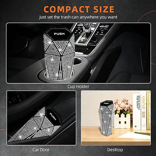 NBTEPEM 2 PCS Bling Car Trash Can with Lid, Bling Car Accessories Trash Bin, Leakproof Auto Garbage Can with 60 Trash Bags, Multipurpose Organizers and Storage for Home, Office (Silver Diamond)