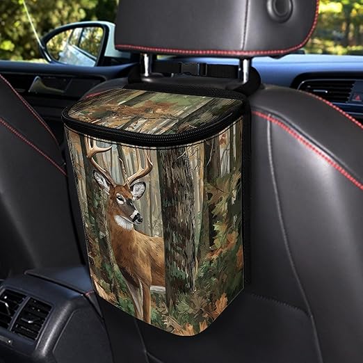 Camo Deer Car Trash Can with Lid Hunting Car Garbage Bin Auto Garbage Can with Adjusatbel Straps Hiking & Camping Storage Bag Auto Interior Accessories
