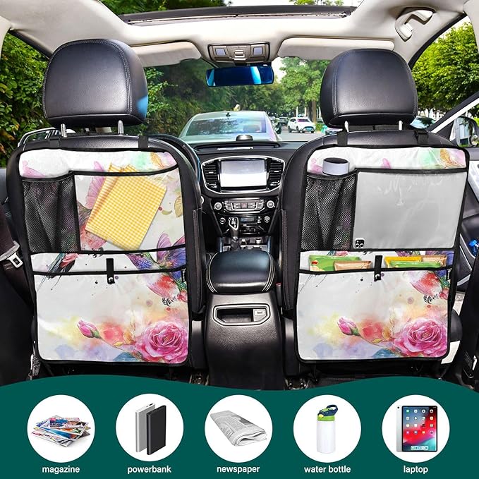 Watercolor Red Hummingbird 2 Pack Backseat Car Organizer with Storage Pockets Seat Back Organizers for Kids Kick Mats Backseat Protector Automotive